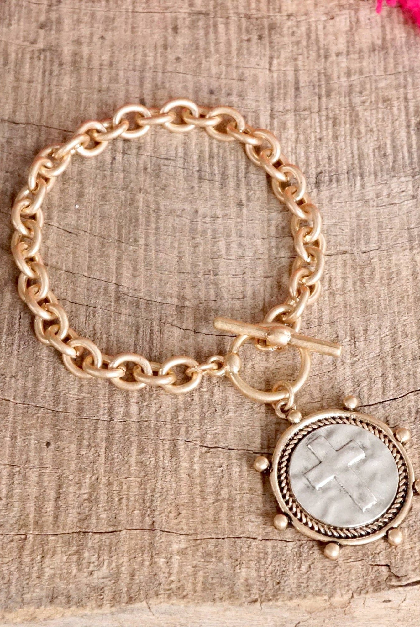 Cross Coin Chain Bracelet Toggle Closure Silver or Gold Tone-Bracelets-PennyLine inc-Stuffology - Where Vintage Meets Modern, A Boutique for Real Women in Crosbyton, TX