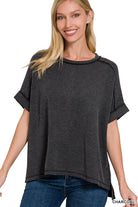 Corded Rib Short Cuff Sleeve Raw Edge Top-TOP-Stuffology Boutique-Stuffology - Where Vintage Meets Modern, A Boutique for Real Women in Crosbyton, TX