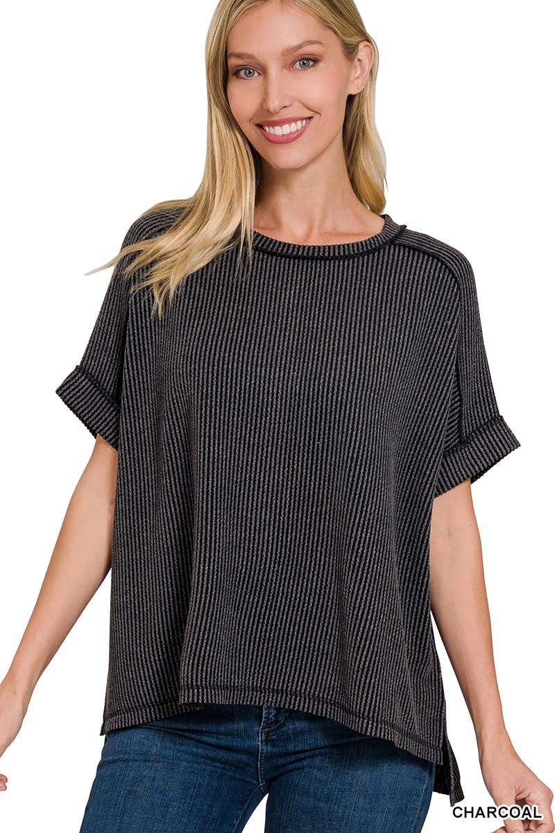 Corded Rib Short Cuff Sleeve Raw Edge Top-TOP-Stuffology Boutique-Stuffology - Where Vintage Meets Modern, A Boutique for Real Women in Crosbyton, TX