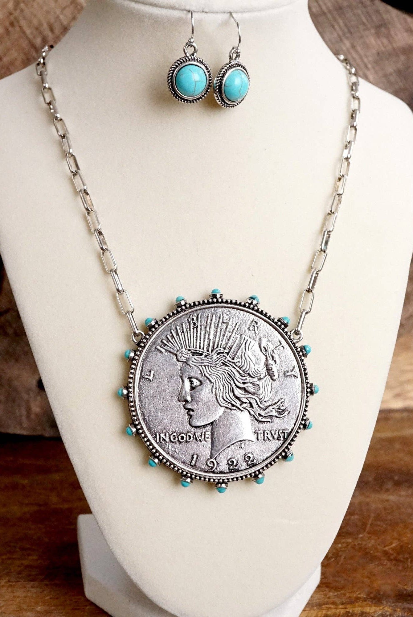 Western Boho Coin Necklace Set with Turquoise Accents – Worn Silver Tone-Necklaces-PennyLine inc-Stuffology - Where Vintage Meets Modern, A Boutique for Real Women in Crosbyton, TX
