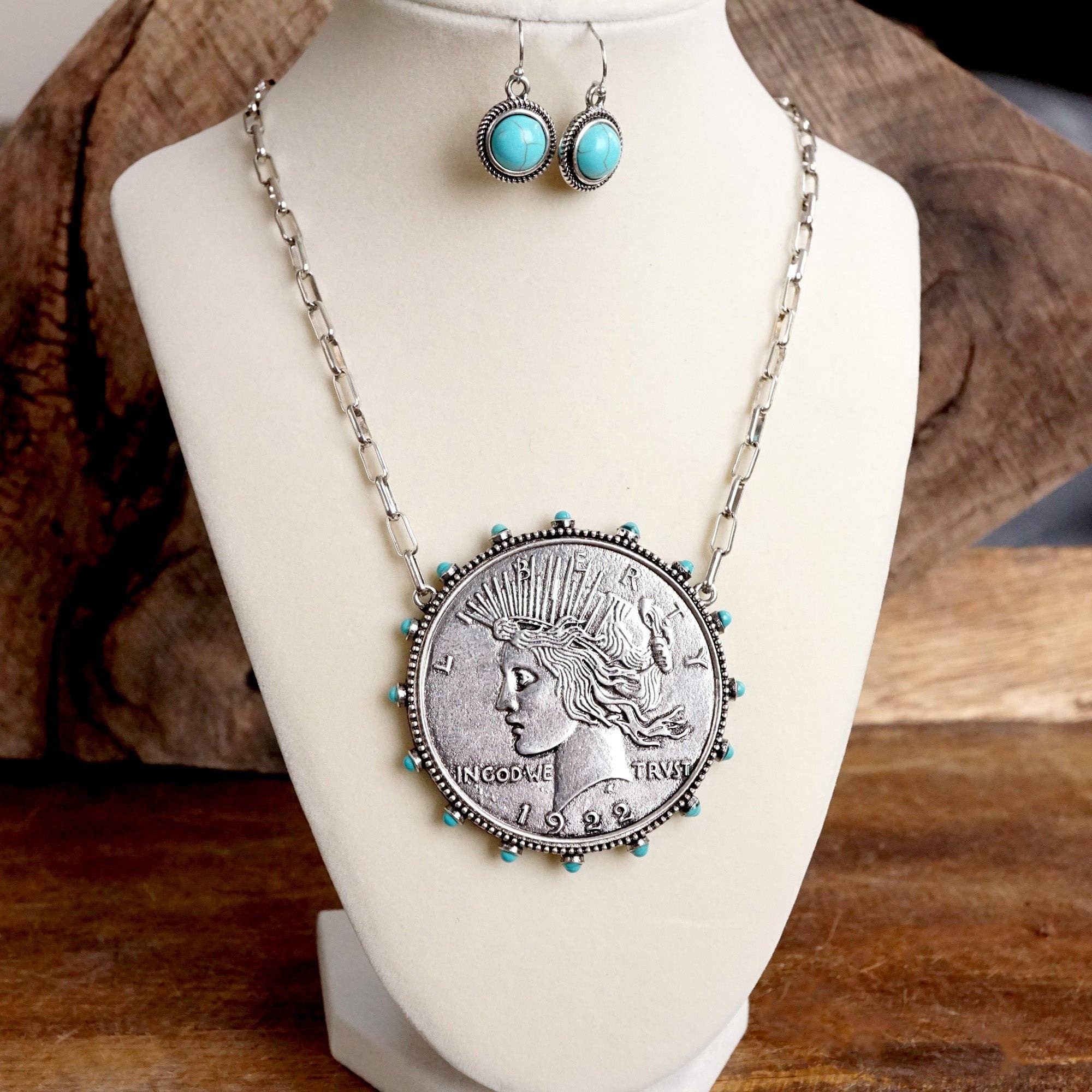 Western Boho Coin Necklace Set with Turquoise Accents – Worn Silver Tone-Necklaces-PennyLine inc-Stuffology - Where Vintage Meets Modern, A Boutique for Real Women in Crosbyton, TX