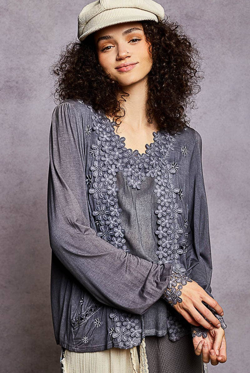 Long Sleeve Contrast Floral Lace Crochet V-Neck Top-Pol Clothing-Stuffology - Where Vintage Meets Modern, A Boutique for Real Women in Crosbyton, TX