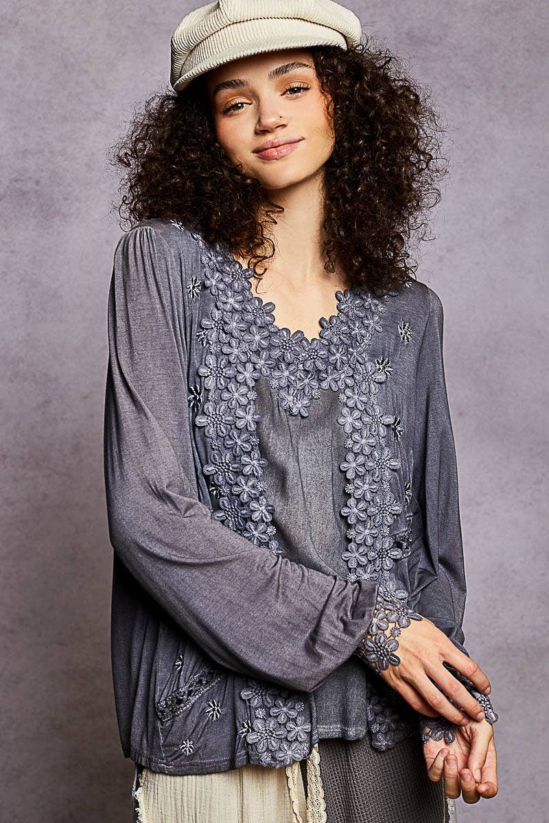 Long Sleeve Contrast Floral Lace Crochet V-Neck Top-Pol Clothing-Stuffology - Where Vintage Meets Modern, A Boutique for Real Women in Crosbyton, TX