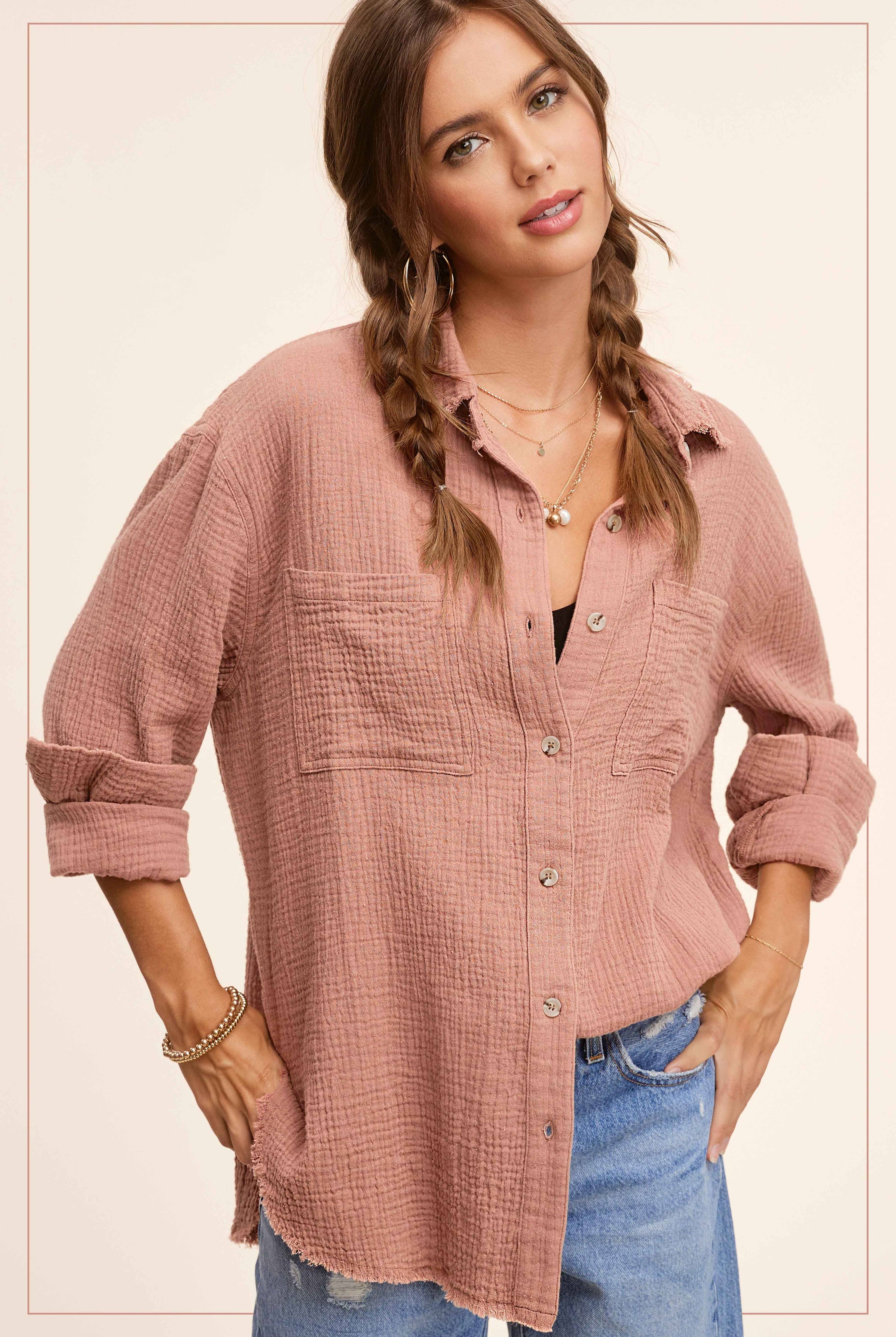 Crinkled Gauze Button Down Shirt-La Miel-Stuffology - Where Vintage Meets Modern, A Boutique for Real Women in Crosbyton, TX
