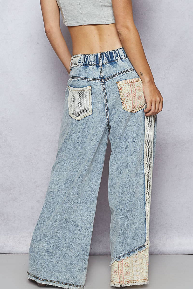 POL Clothing Stud Detail Patchwork Denim Pants-Jeans-Pol Clothing-Stuffology - Where Vintage Meets Modern, A Boutique for Real Women in Crosbyton, TX