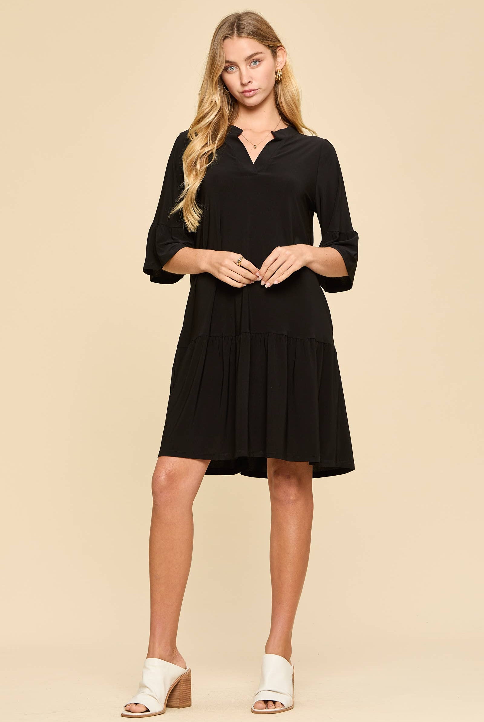 Shirred Tiered Relaxed 3/4 Sleeve Dress-Dresses-Dear Scarlett-Stuffology - Where Vintage Meets Modern, A Boutique for Real Women in Crosbyton, TX