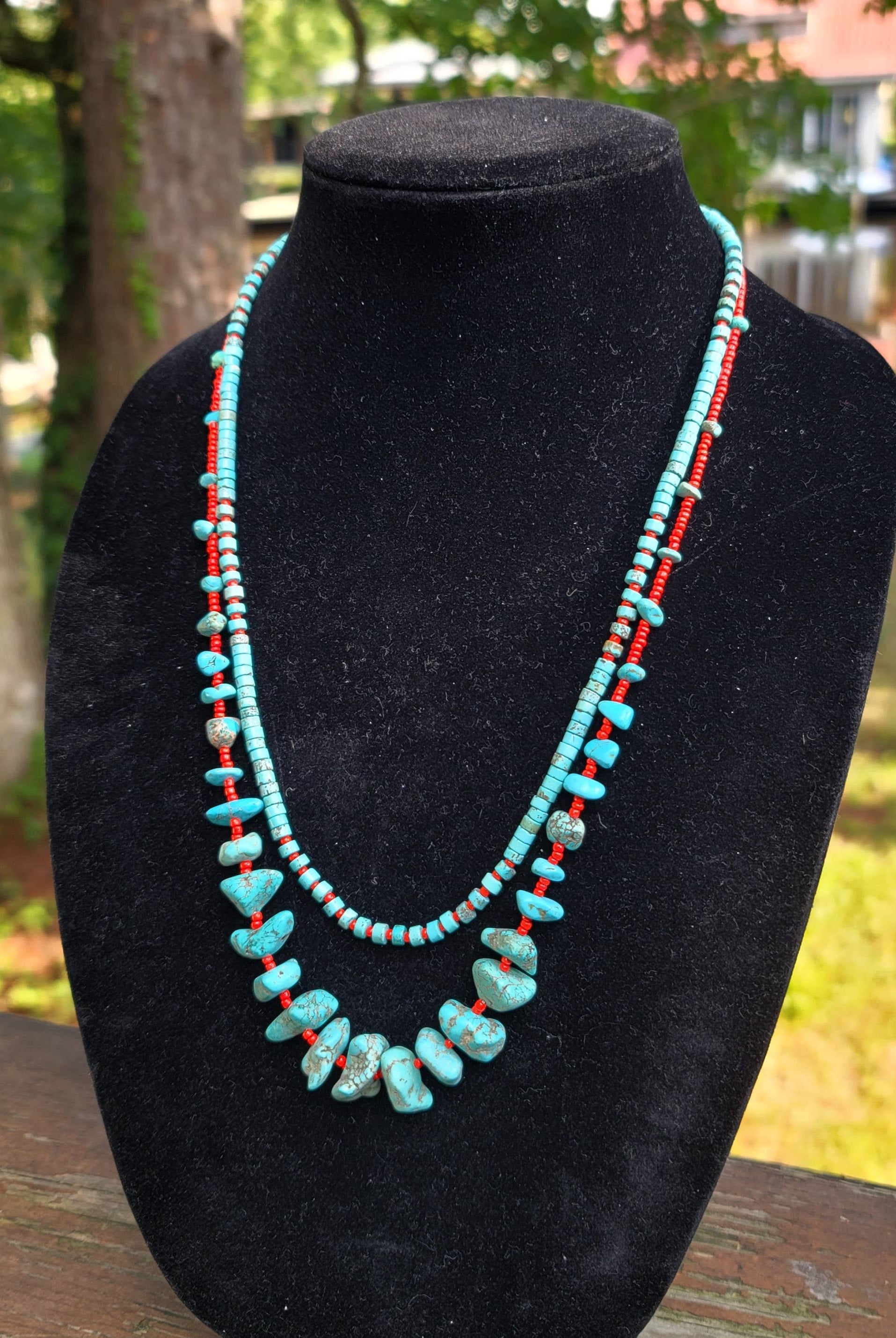 Case of 2 Turquoise, red glass bead necklaces, Native made-Necklaces-Horse Spirit Studio-Stuffology - Where Vintage Meets Modern, A Boutique for Real Women in Crosbyton, TX