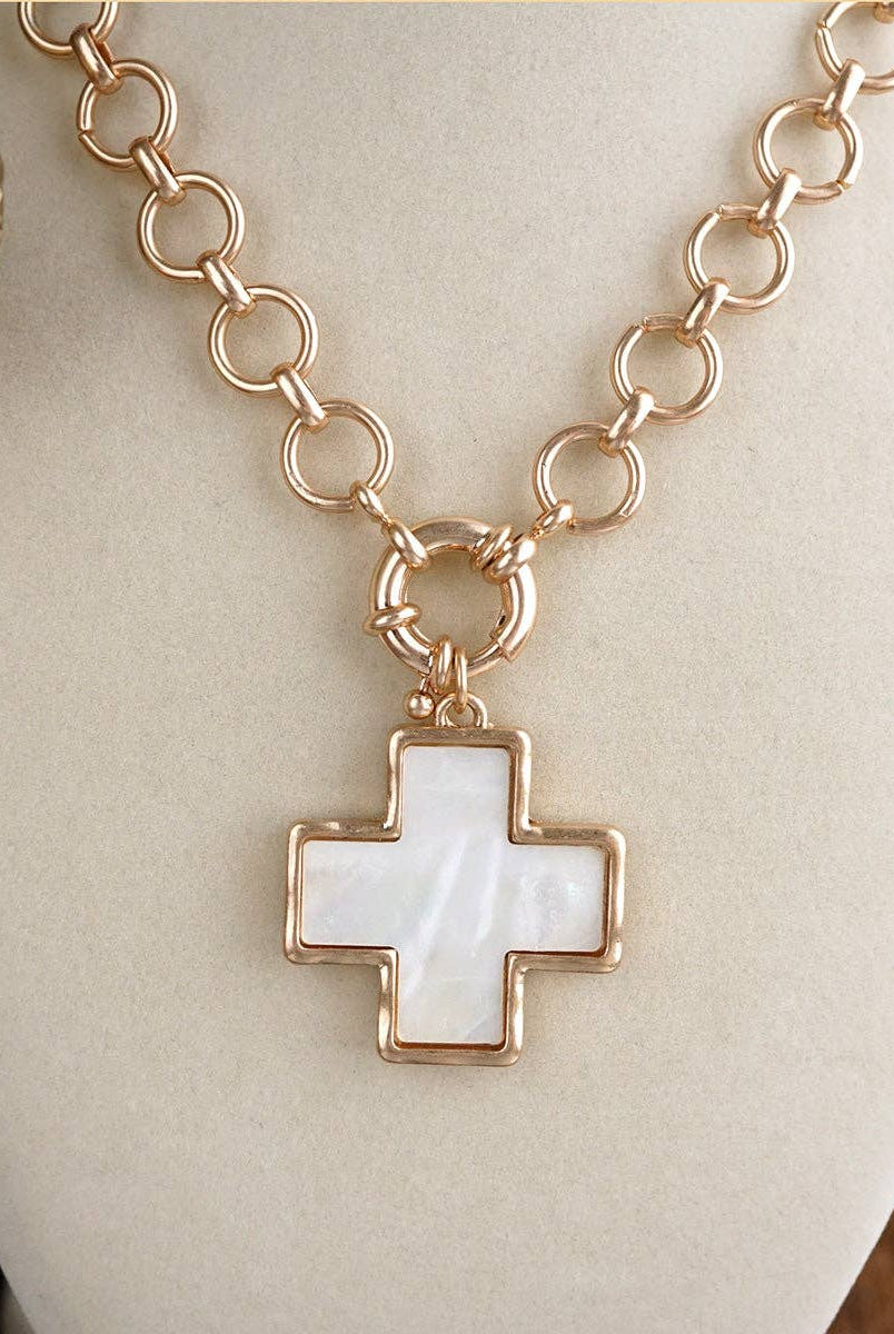 Luminous Cross – Mother of Pearl Charm Necklace-Necklaces-PennyLine inc-Stuffology - Where Vintage Meets Modern, A Boutique for Real Women in Crosbyton, TX