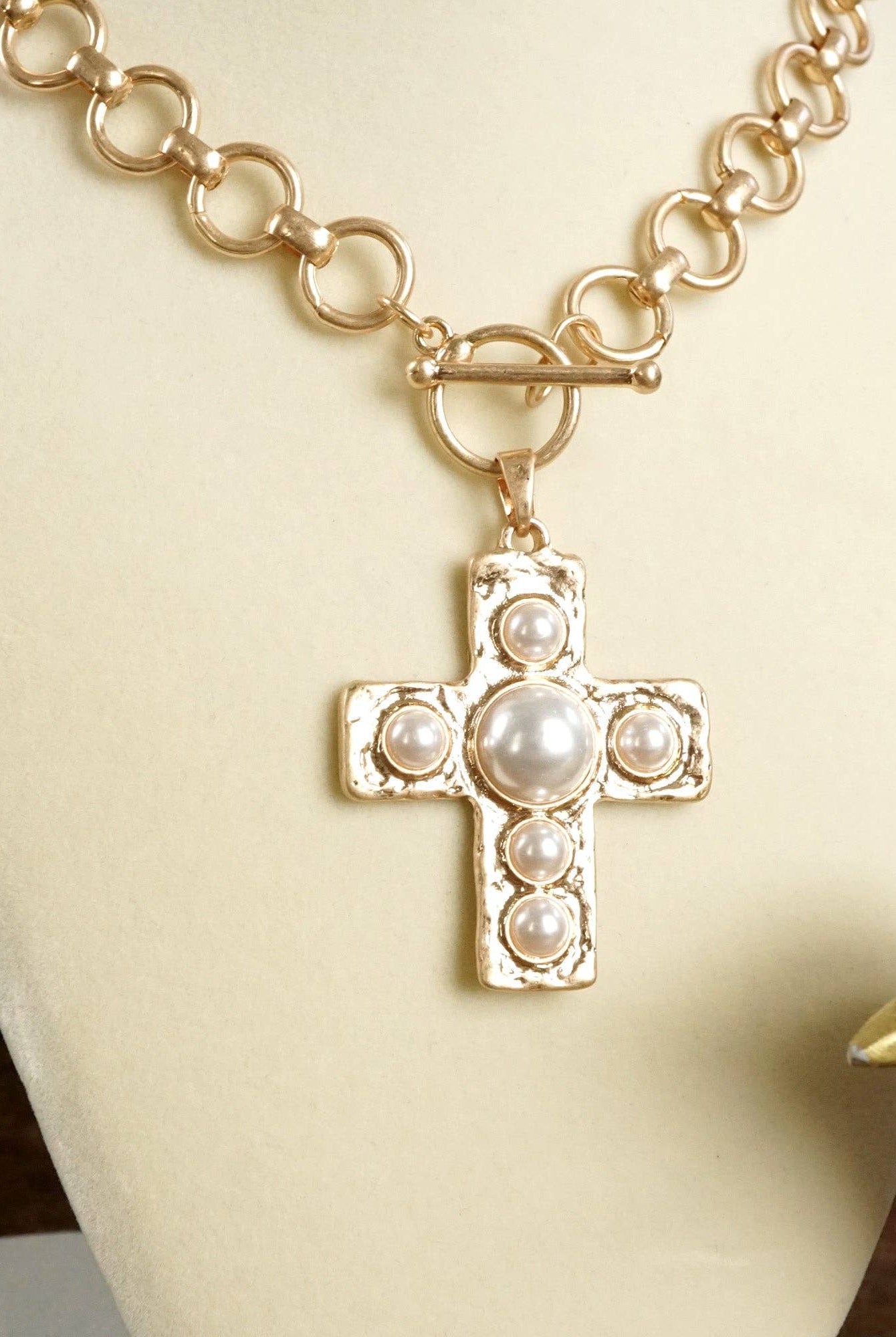 Primitive Cross Necklace – Worn Gold Tone with Acrylic Turquoise or Pearl Cabochons-PennyLine inc-Stuffology - Where Vintage Meets Modern, A Boutique for Real Women in Crosbyton, TX