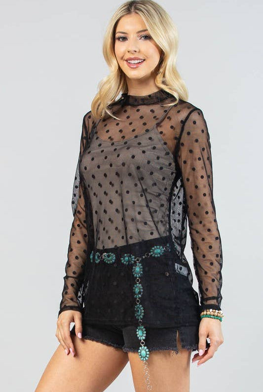 BLACK POLKA DOT SHEER MESH TOP-MESH TOP-Avery-Stuffology - Where Vintage Meets Modern, A Boutique for Real Women in Crosbyton, TX