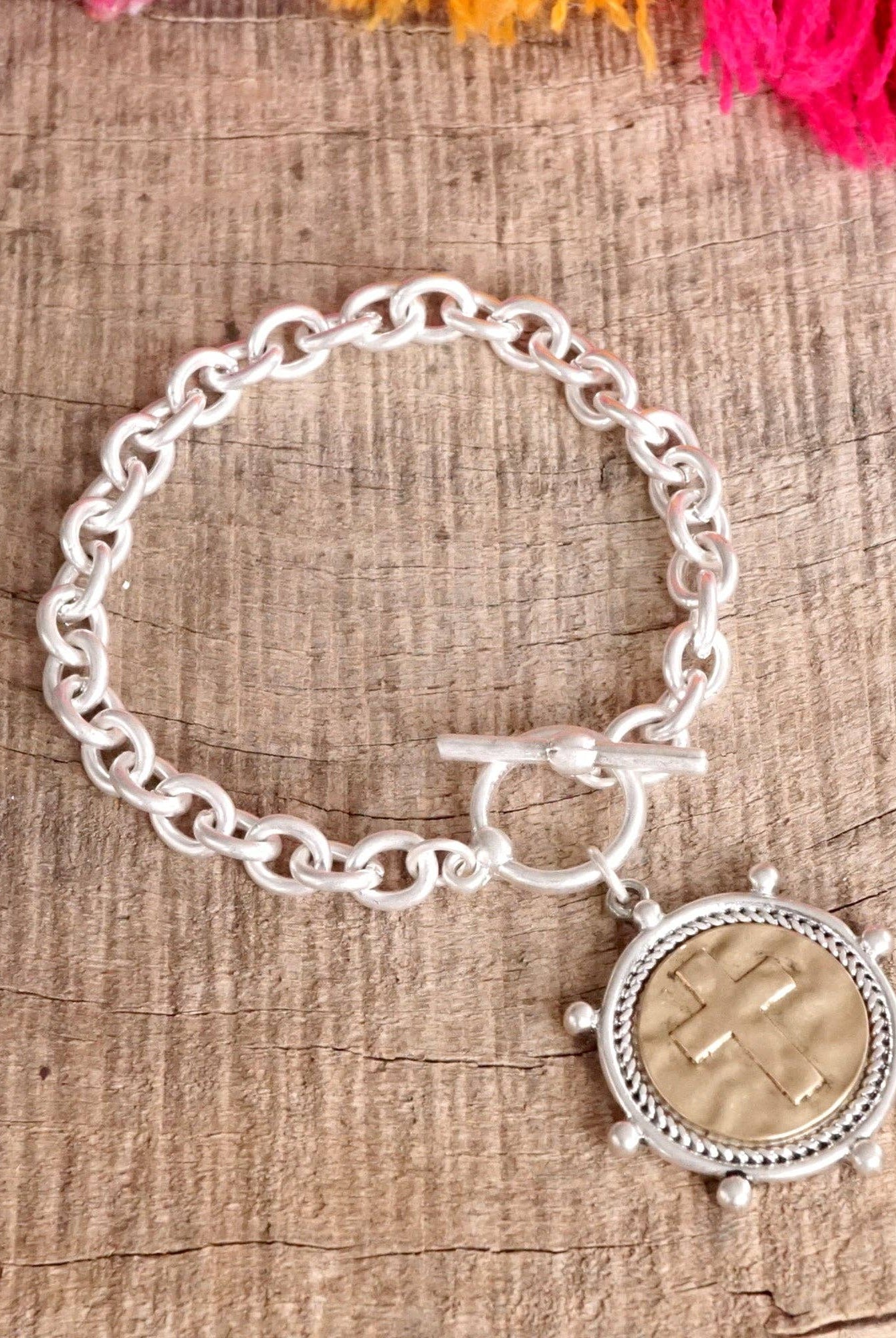 Cross Coin Chain Bracelet Toggle Closure Silver or Gold Tone-Bracelets-PennyLine inc-Stuffology - Where Vintage Meets Modern, A Boutique for Real Women in Crosbyton, TX