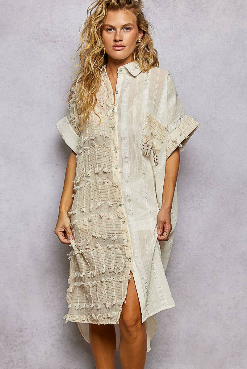 Dangle Trim Textured Cotton Oversized Long Shirt Dress-Dresses-Pol Clothing-Stuffology - Where Vintage Meets Modern, A Boutique for Real Women in Crosbyton, TX