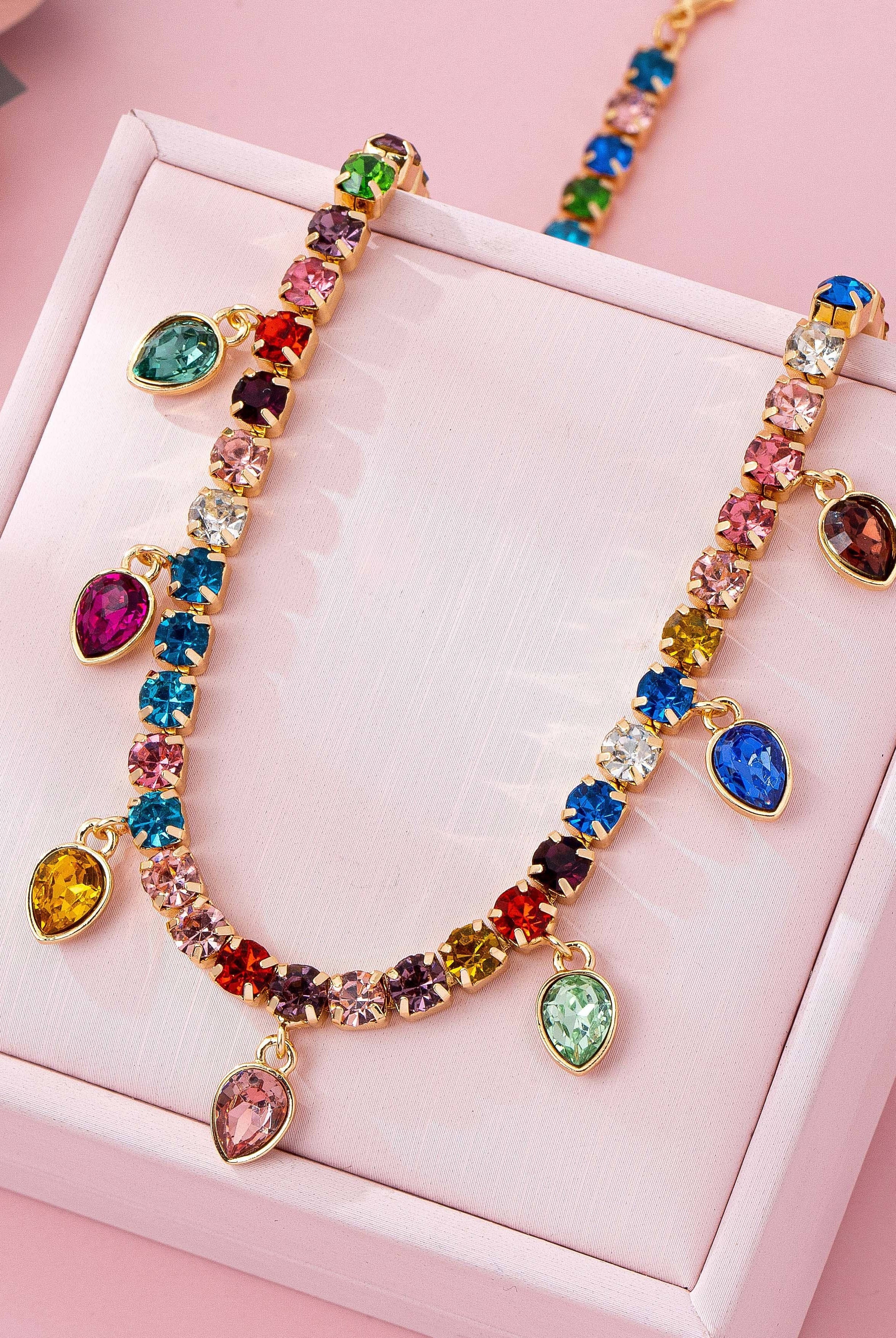 Multicolor Glass Crystal Tennis Teardrop Necklace | 80N92890-Necklaces-JOSSLYN by wall to wall-Stuffology - Where Vintage Meets Modern, A Boutique for Real Women in Crosbyton, TX