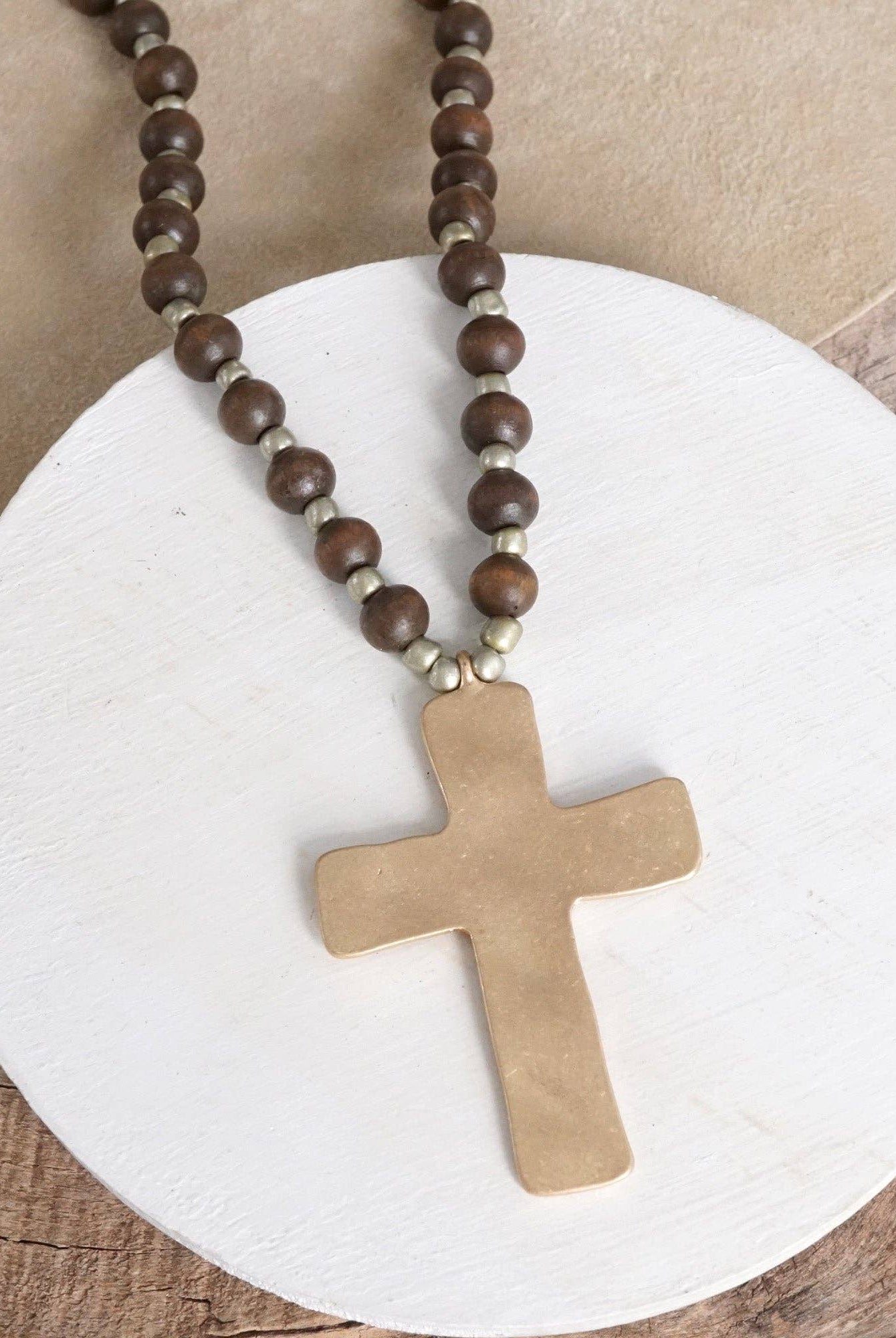 Long Wooden Bead Necklace with Gold Cross-Necklaces-PennyLine inc-Stuffology - Where Vintage Meets Modern, A Boutique for Real Women in Crosbyton, TX