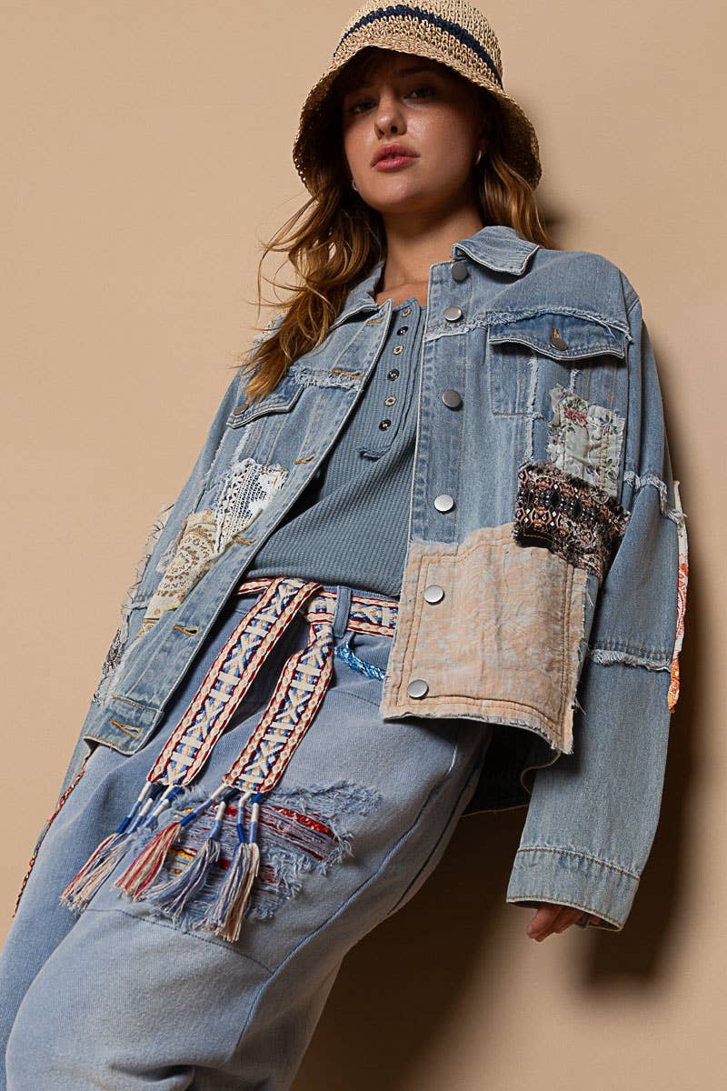 Distressed Outseam Patch Detail Button Down Denim Jacket /Stuffology Boutique-Jackets-Pol Clothing-Stuffology - Where Vintage Meets Modern, A Boutique for Real Women in Crosbyton, TX