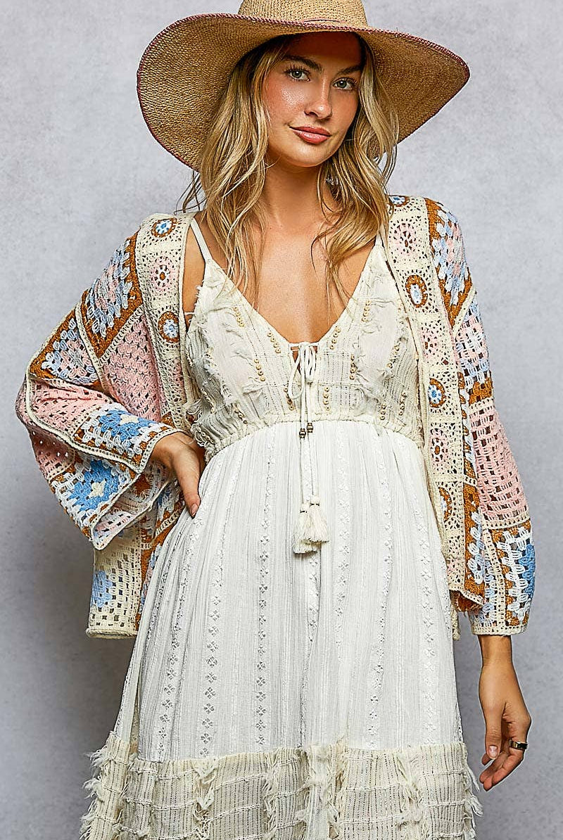 Granny Square 3/4 Sleeve Crochet Cardigan Top-Cardigan-Pol Clothing-Stuffology - Where Vintage Meets Modern, A Boutique for Real Women in Crosbyton, TX
