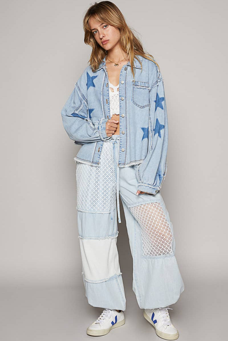 Oversize star prints raw edge denim shacket-Jackets-Pol Clothing-Stuffology - Where Vintage Meets Modern, A Boutique for Real Women in Crosbyton, TX