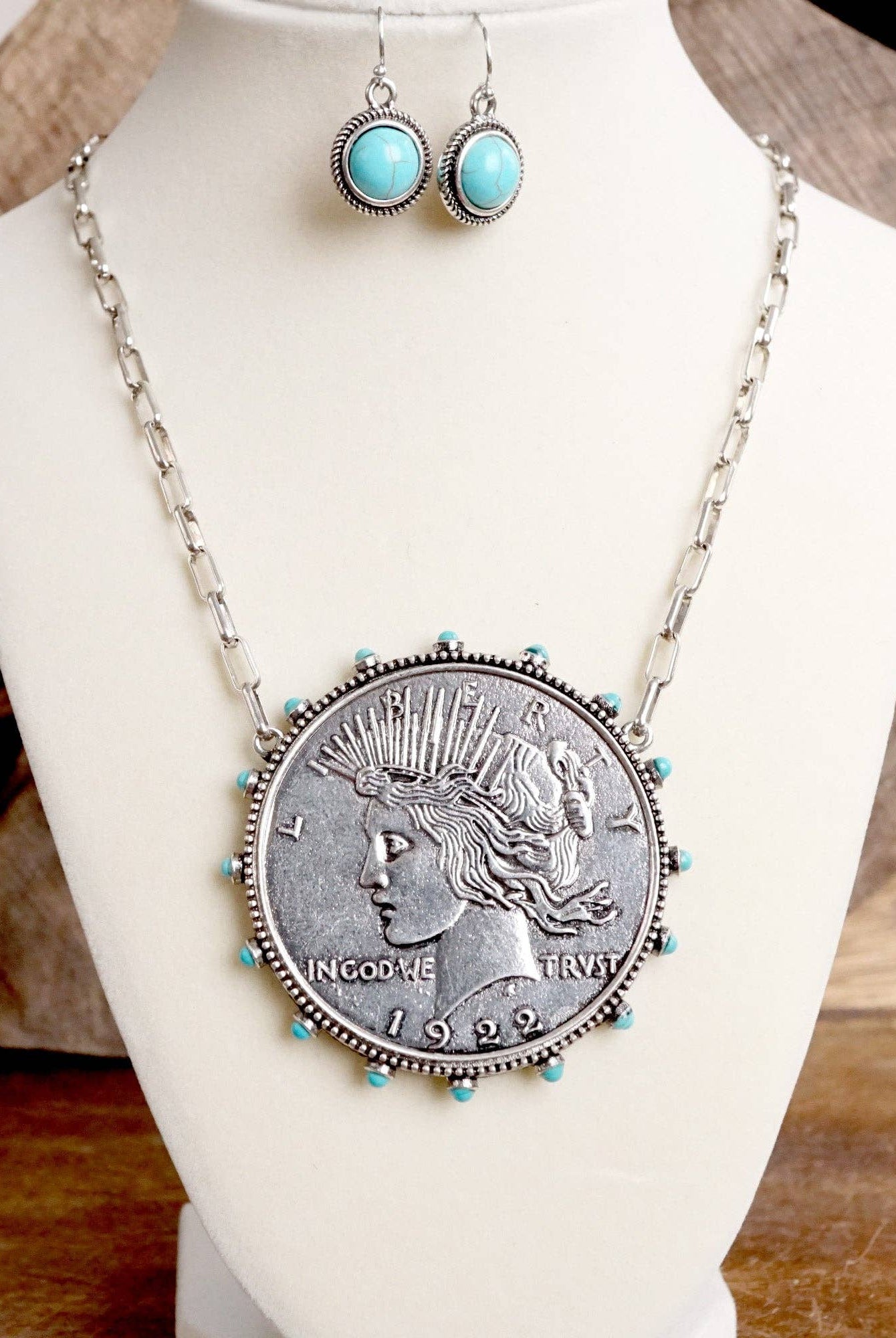 Western Boho Coin Necklace Set with Turquoise Accents – Worn Silver Tone-Necklaces-PennyLine inc-Stuffology - Where Vintage Meets Modern, A Boutique for Real Women in Crosbyton, TX