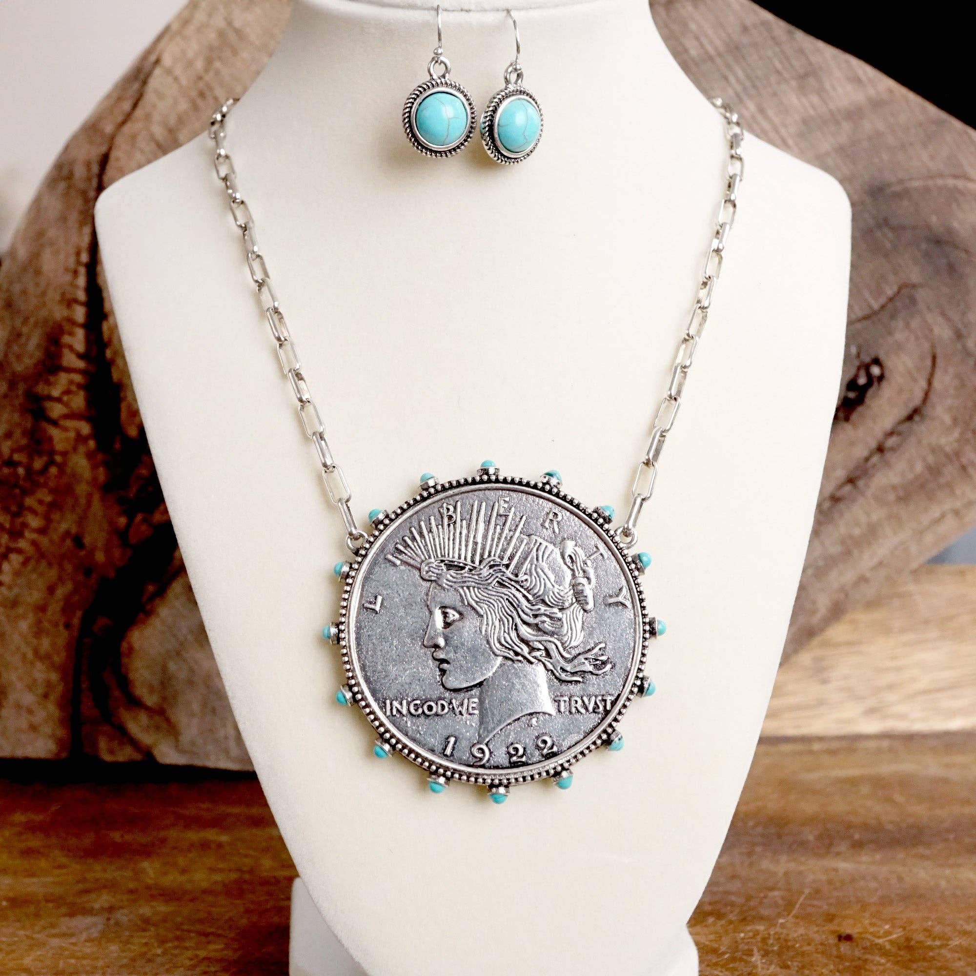 Western Boho Coin Necklace Set with Turquoise Accents – Worn Silver Tone-Necklaces-PennyLine inc-Stuffology - Where Vintage Meets Modern, A Boutique for Real Women in Crosbyton, TX