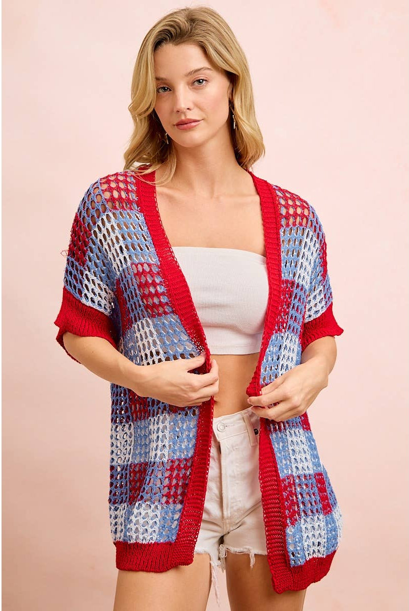 Checker Board Open Knit Cardigan-Cardigan-BiBi-Stuffology - Where Vintage Meets Modern, A Boutique for Real Women in Crosbyton, TX