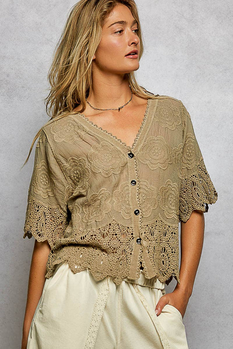 Crochet Trim Neckline Short Sleeve Jacket Top-Pol Clothing-Stuffology - Where Vintage Meets Modern, A Boutique for Real Women in Crosbyton, TX