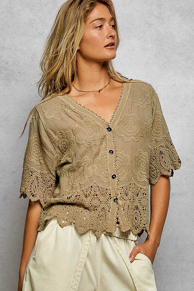 Crochet Trim Neckline Short Sleeve Jacket Top-Pol Clothing-Stuffology - Where Vintage Meets Modern, A Boutique for Real Women in Crosbyton, TX