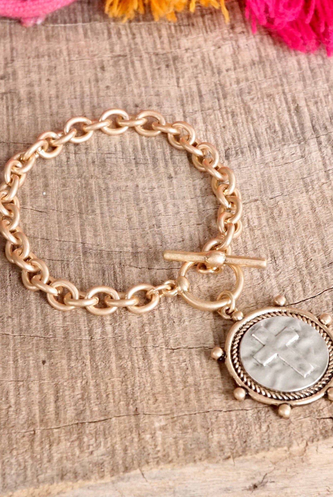 Cross Coin Chain Bracelet Toggle Closure Silver or Gold Tone-Bracelets-PennyLine inc-Stuffology - Where Vintage Meets Modern, A Boutique for Real Women in Crosbyton, TX