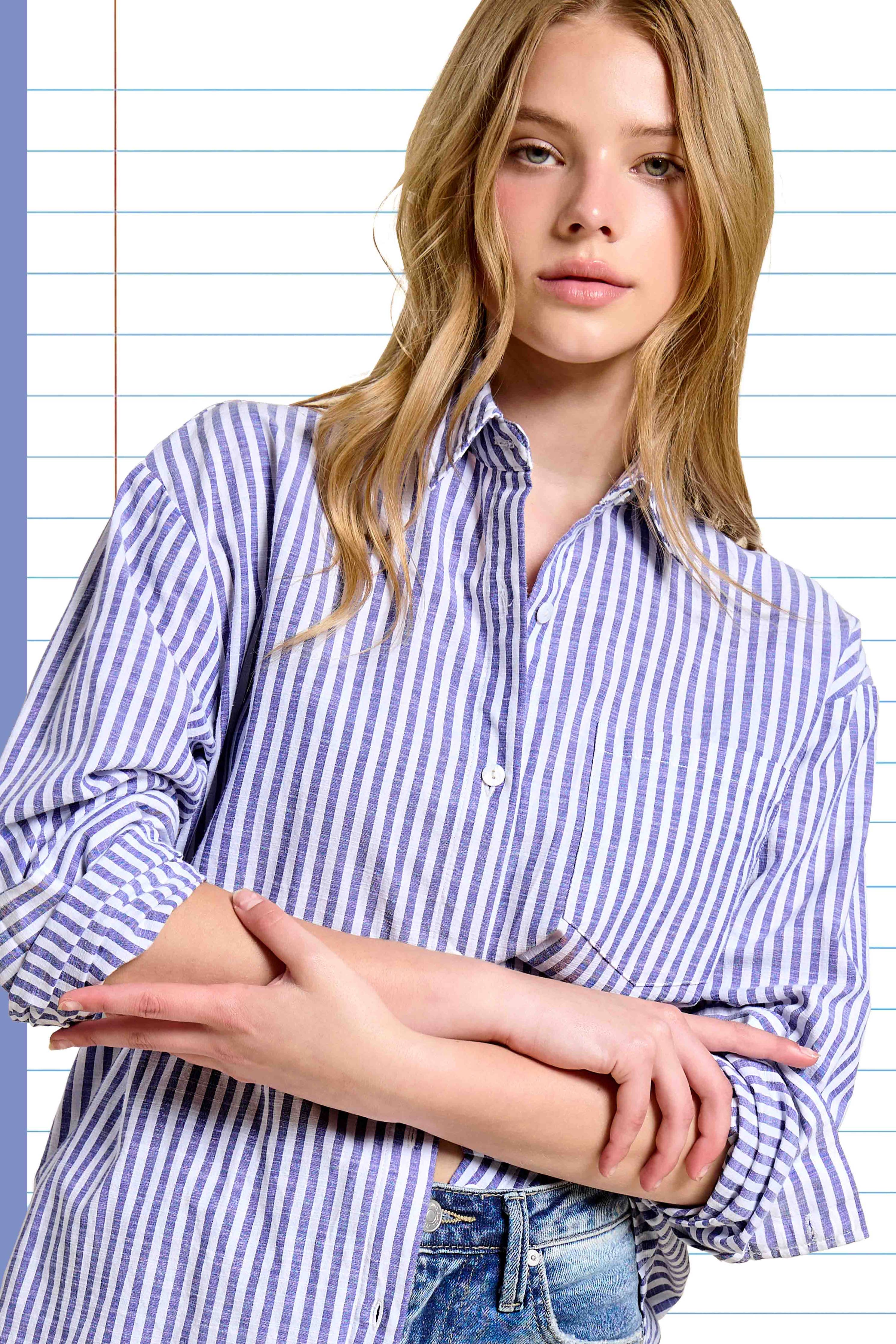 Collared Contrast Stripe Button Down Shirt-La Miel-Stuffology - Where Vintage Meets Modern, A Boutique for Real Women in Crosbyton, TX