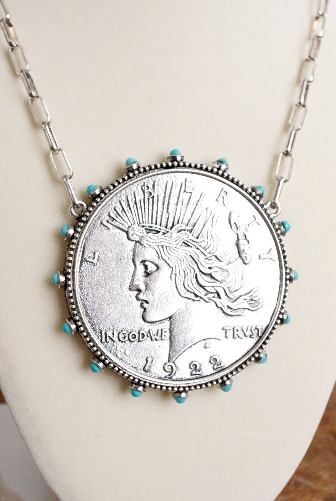 Western Boho Coin Necklace Set with Turquoise Accents – Worn Silver Tone-Necklaces-PennyLine inc-Stuffology - Where Vintage Meets Modern, A Boutique for Real Women in Crosbyton, TX