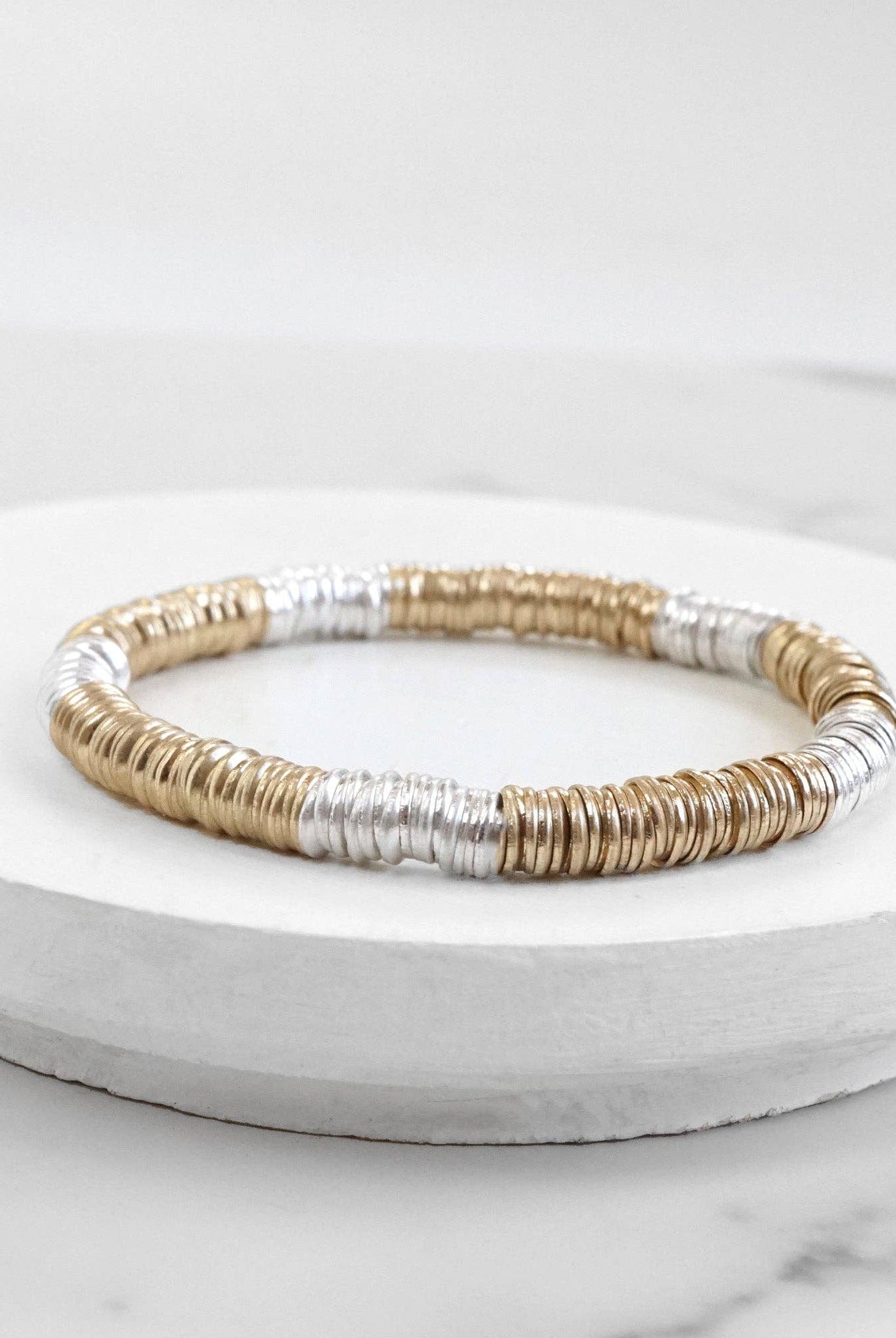 Heishi Disc Boho beaded stretchy bracelet Silver Gold Shell-Bracelets-PennyLine inc-Stuffology - Where Vintage Meets Modern, A Boutique for Real Women in Crosbyton, TX