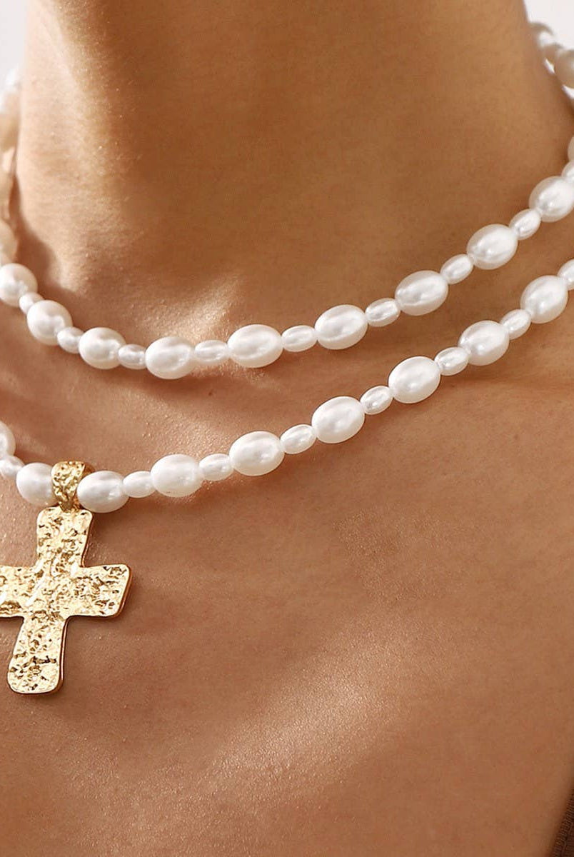 LUSTROUS FAUX PEARL BEADED LAYERED CROSS NECKLACE | 40NK9552-Necklaces-JOSSLYN by wall to wall-Stuffology - Where Vintage Meets Modern, A Boutique for Real Women in Crosbyton, TX