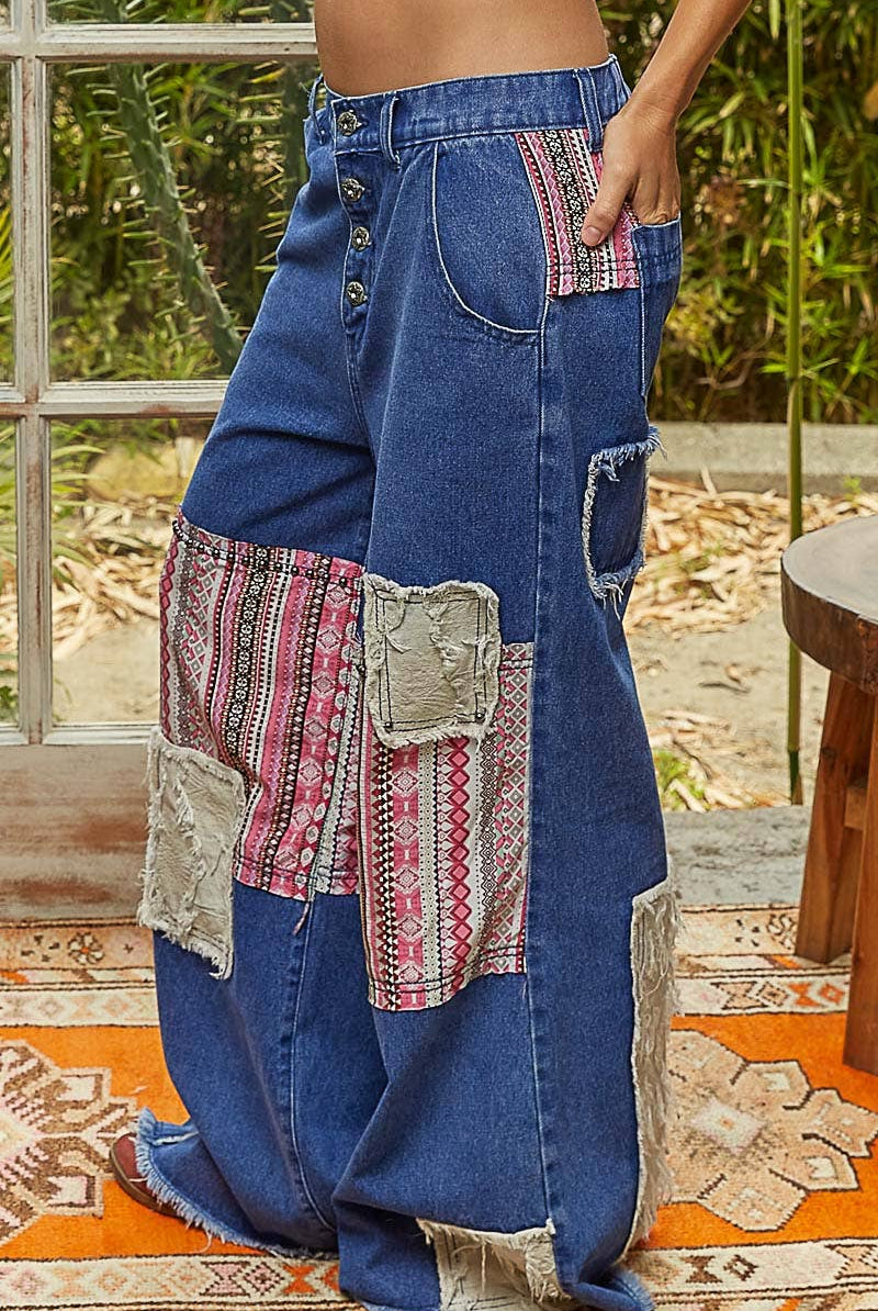 POL Clothing Boho Patchwork Denim Wide Leg Jeans-Jeans-Pol Clothing-Stuffology - Where Vintage Meets Modern, A Boutique for Real Women in Crosbyton, TX
