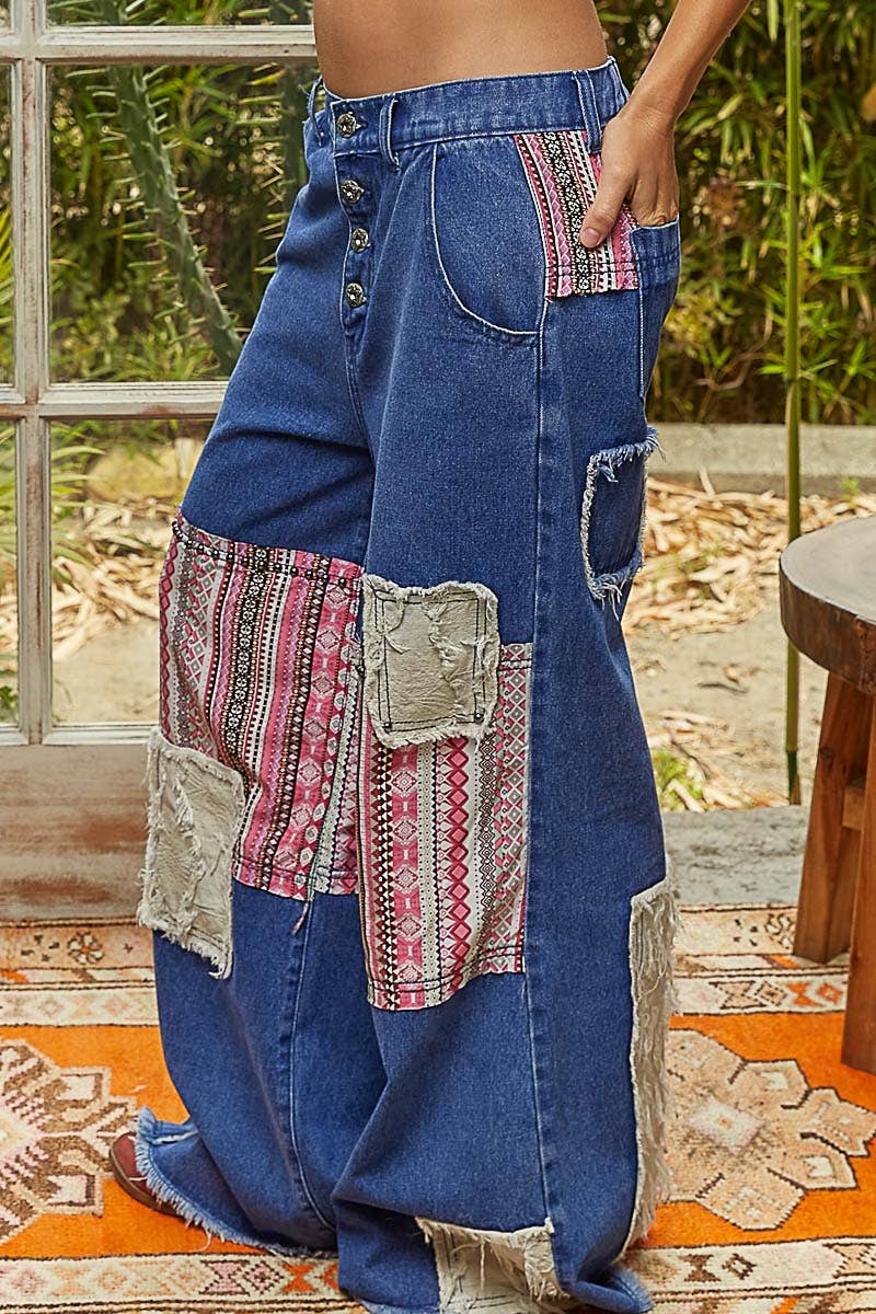 POL Clothing Boho Patchwork Denim Wide Leg Jeans-Jeans-Pol Clothing-Stuffology - Where Vintage Meets Modern, A Boutique for Real Women in Crosbyton, TX