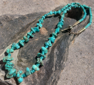 Blue Turquoise nugget 22 inch necklace with turquoise Heishi-necklace-Horse Spirit Studio-Stuffology - Where Vintage Meets Modern, A Boutique for Real Women in Crosbyton, TX