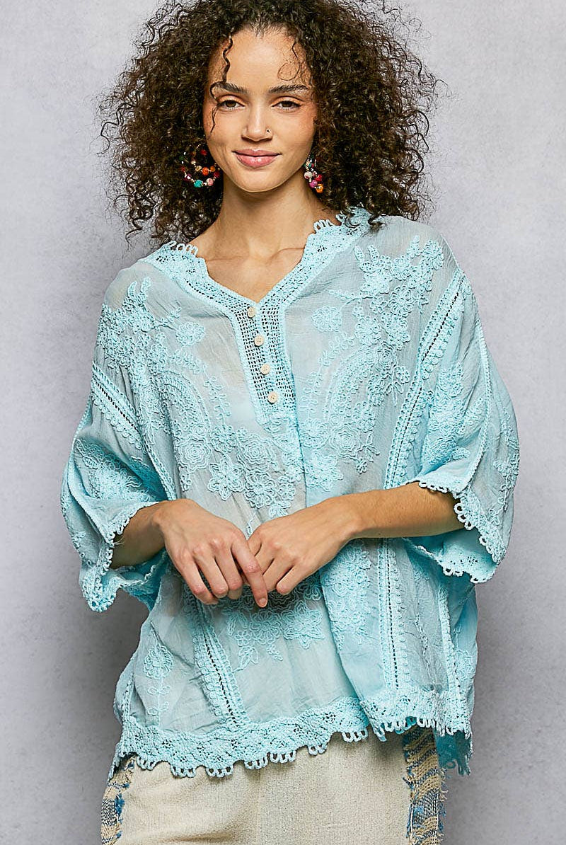 POL Clothing V-neck Short Sleeve Floral Embroidered Crochet Blouse Top-Crochet Top-Pol Clothing-Stuffology - Where Vintage Meets Modern, A Boutique for Real Women in Crosbyton, TX