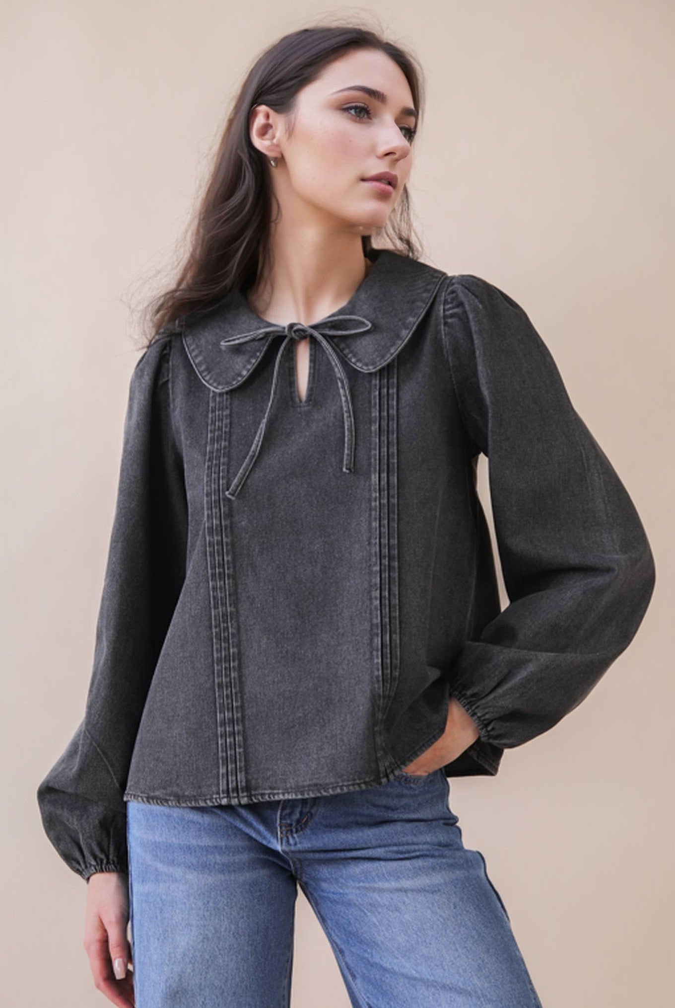 Mineral Washed Chambray Denim Blouse Top-Top-VERY J-Stuffology - Where Vintage Meets Modern, A Boutique for Real Women in Crosbyton, TX