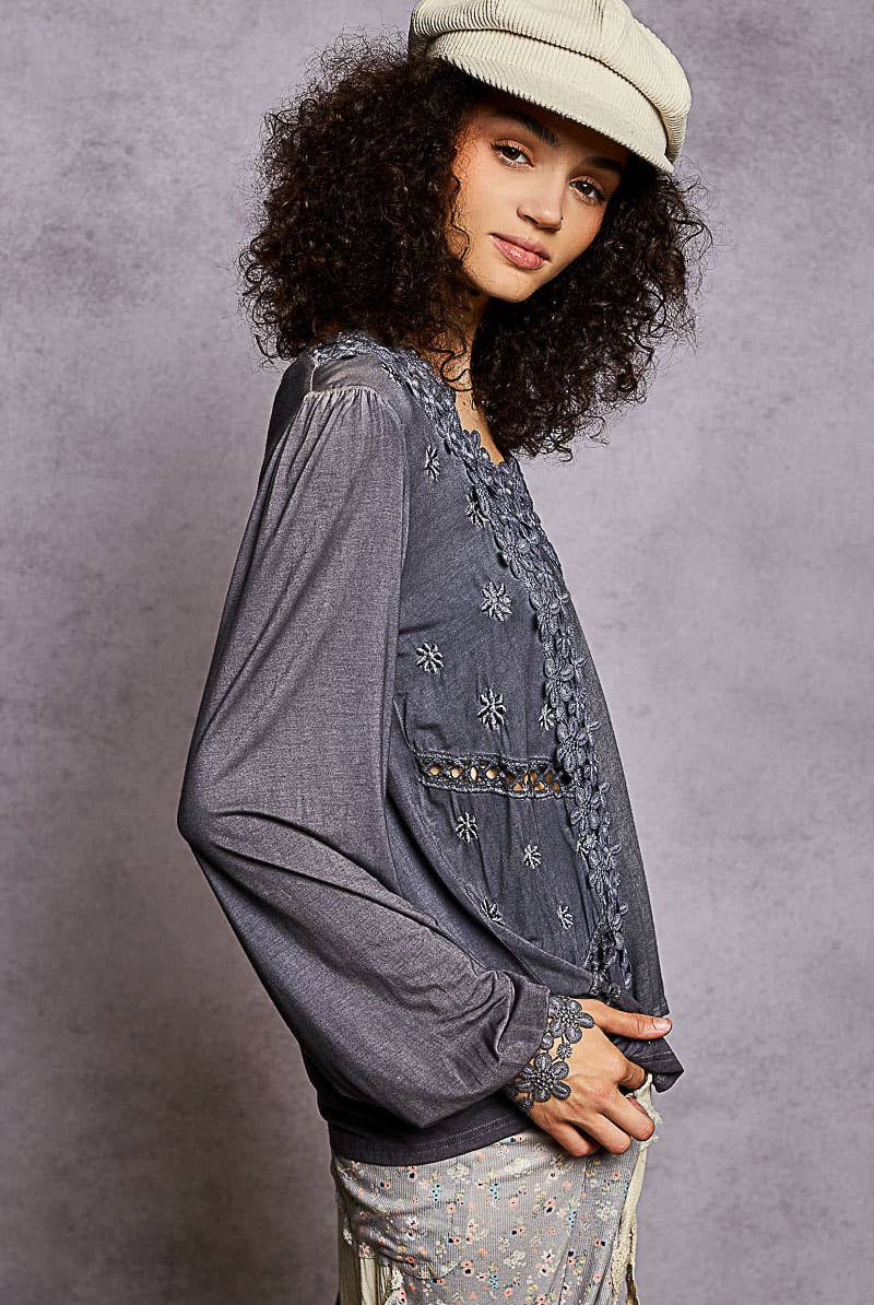 Long Sleeve Contrast Floral Lace Crochet V-Neck Top-Pol Clothing-Stuffology - Where Vintage Meets Modern, A Boutique for Real Women in Crosbyton, TX