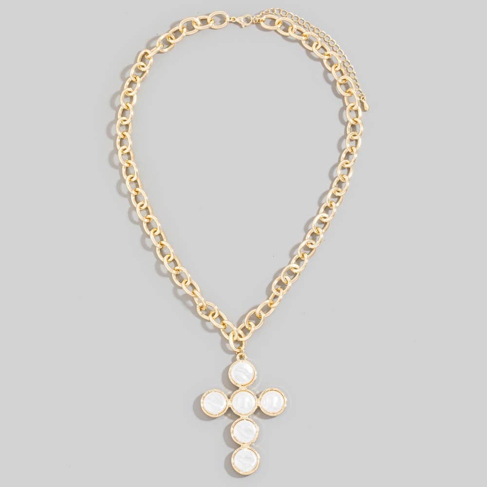 Pearl Discs Cross Pendant Necklace-Necklaces-The Looks by Fame Accessories-Stuffology - Where Vintage Meets Modern, A Boutique for Real Women in Crosbyton, TX