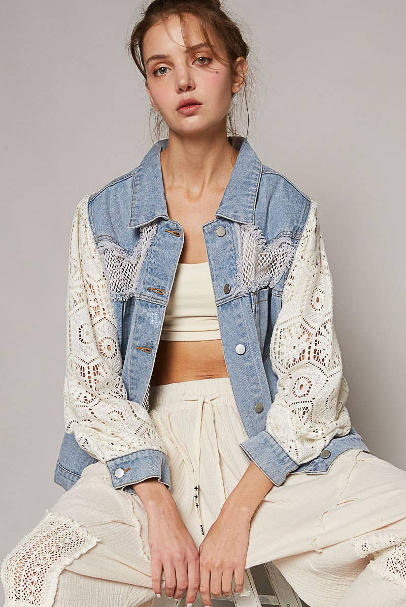 Oversize lace long sleeve crochet patches denim jacket-Shirt / Jacket-Pol Clothing-Stuffology - Where Vintage Meets Modern, A Boutique for Real Women in Crosbyton, TX