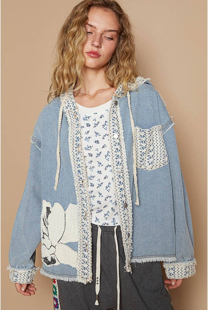 Vintage Washed Crochet Details Denim Jacket/Stuffology Boutique-Jackets-Pol Clothing-Stuffology - Where Vintage Meets Modern, A Boutique for Real Women in Crosbyton, TX