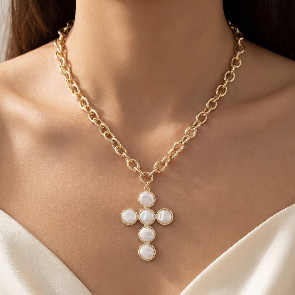 Pearl Discs Cross Pendant Necklace-Necklaces-The Looks by Fame Accessories-Stuffology - Where Vintage Meets Modern, A Boutique for Real Women in Crosbyton, TX