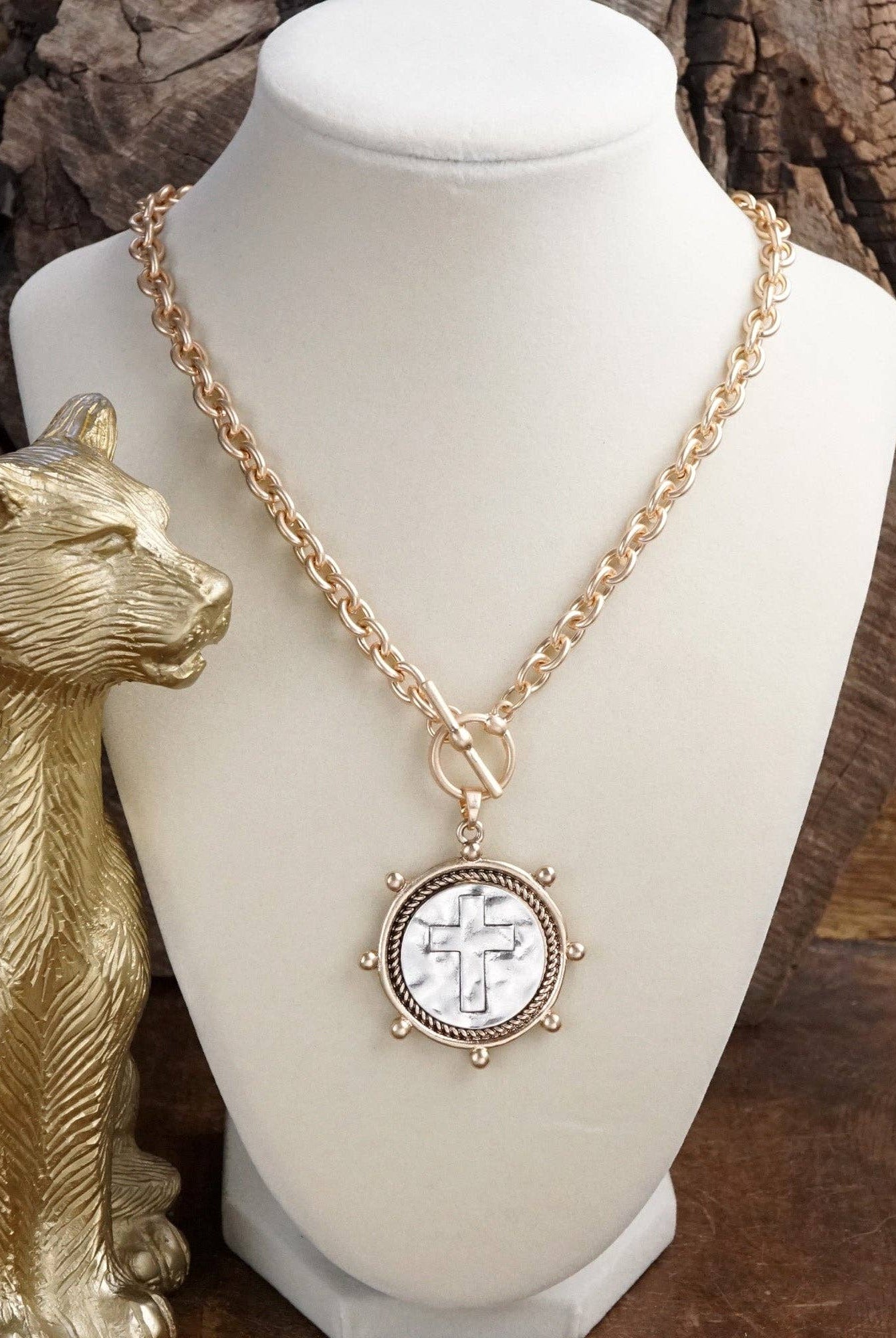 Cross Coin Chain Necklace with Front Toggle Closure – Silver or Gold Tone-Necklaces-PennyLine inc-Stuffology - Where Vintage Meets Modern, A Boutique for Real Women in Crosbyton, TX