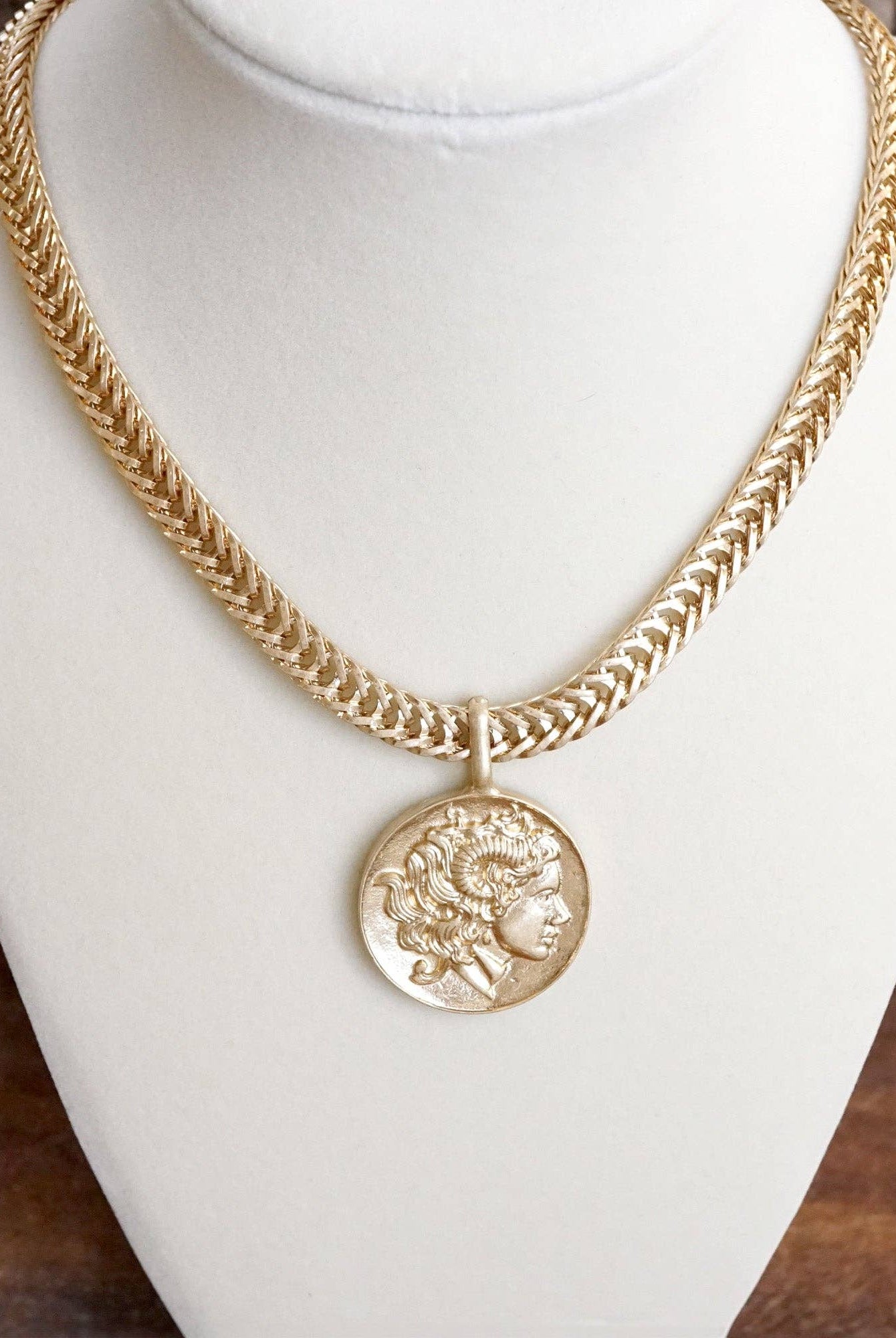 Coin Statement Chain Necklace in Worn Gold Tone-Necklaces-PennyLine inc-Stuffology - Where Vintage Meets Modern, A Boutique for Real Women in Crosbyton, TX