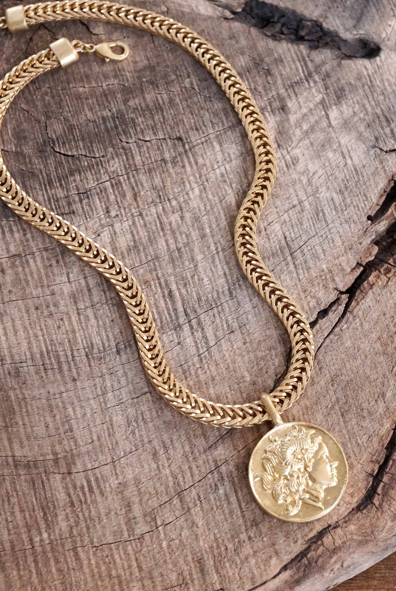 Coin Statement Chain Necklace in Worn Gold Tone-Necklaces-PennyLine inc-Stuffology - Where Vintage Meets Modern, A Boutique for Real Women in Crosbyton, TX