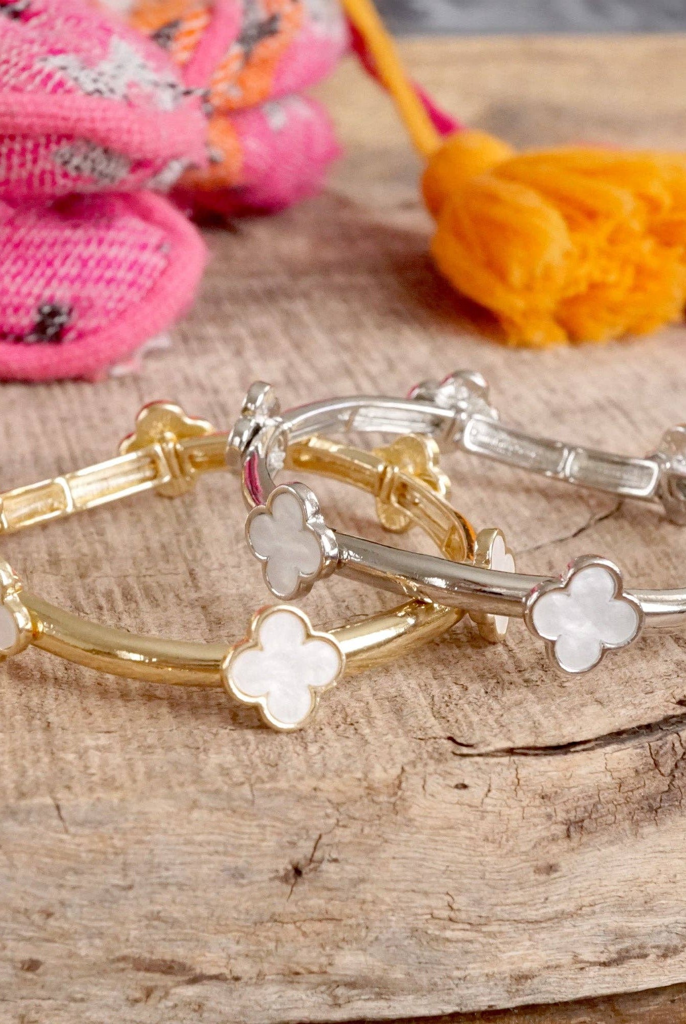 Clover Stretchy Bangle Bracelet – Mother of Pearl in Gold or Silver Tone-PennyLine inc-Stuffology - Where Vintage Meets Modern, A Boutique for Real Women in Crosbyton, TX