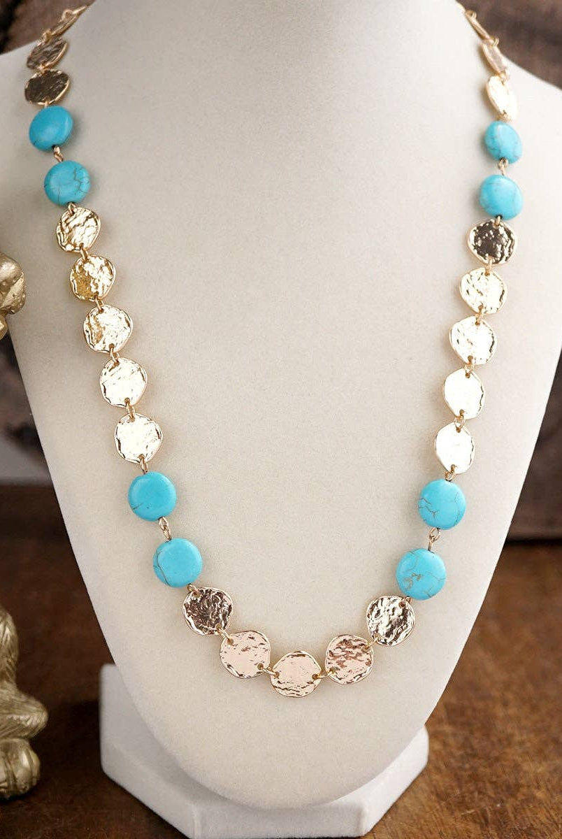 Desert Rhythm – Turquoise Color Stone & Textured Coin Necklace-PennyLine inc-Stuffology - Where Vintage Meets Modern, A Boutique for Real Women in Crosbyton, TX