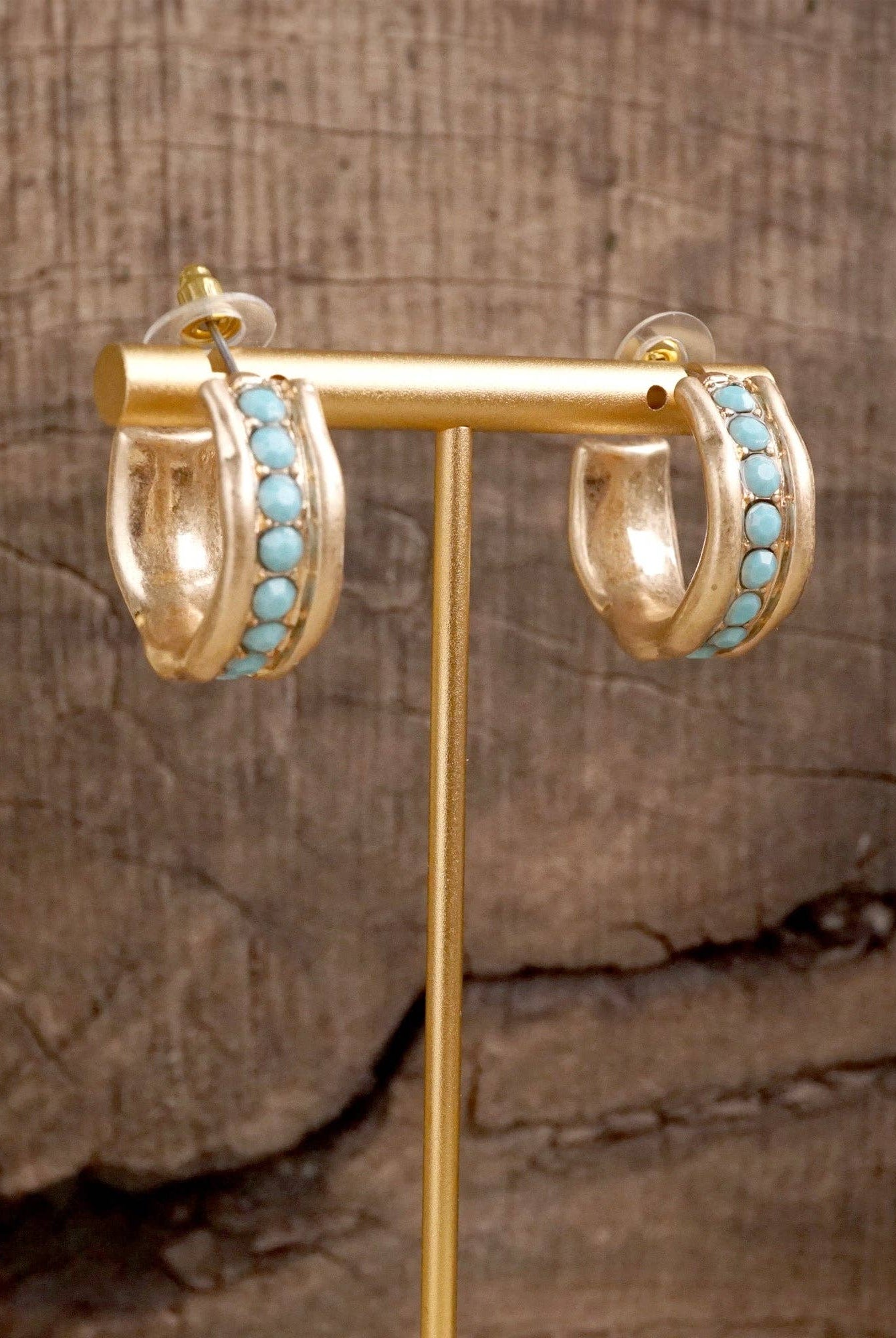 Minimalist Hoops with Faux Pearls or Turquoise – Brushed Gold-Earrings-PennyLine inc-Stuffology - Where Vintage Meets Modern, A Boutique for Real Women in Crosbyton, TX