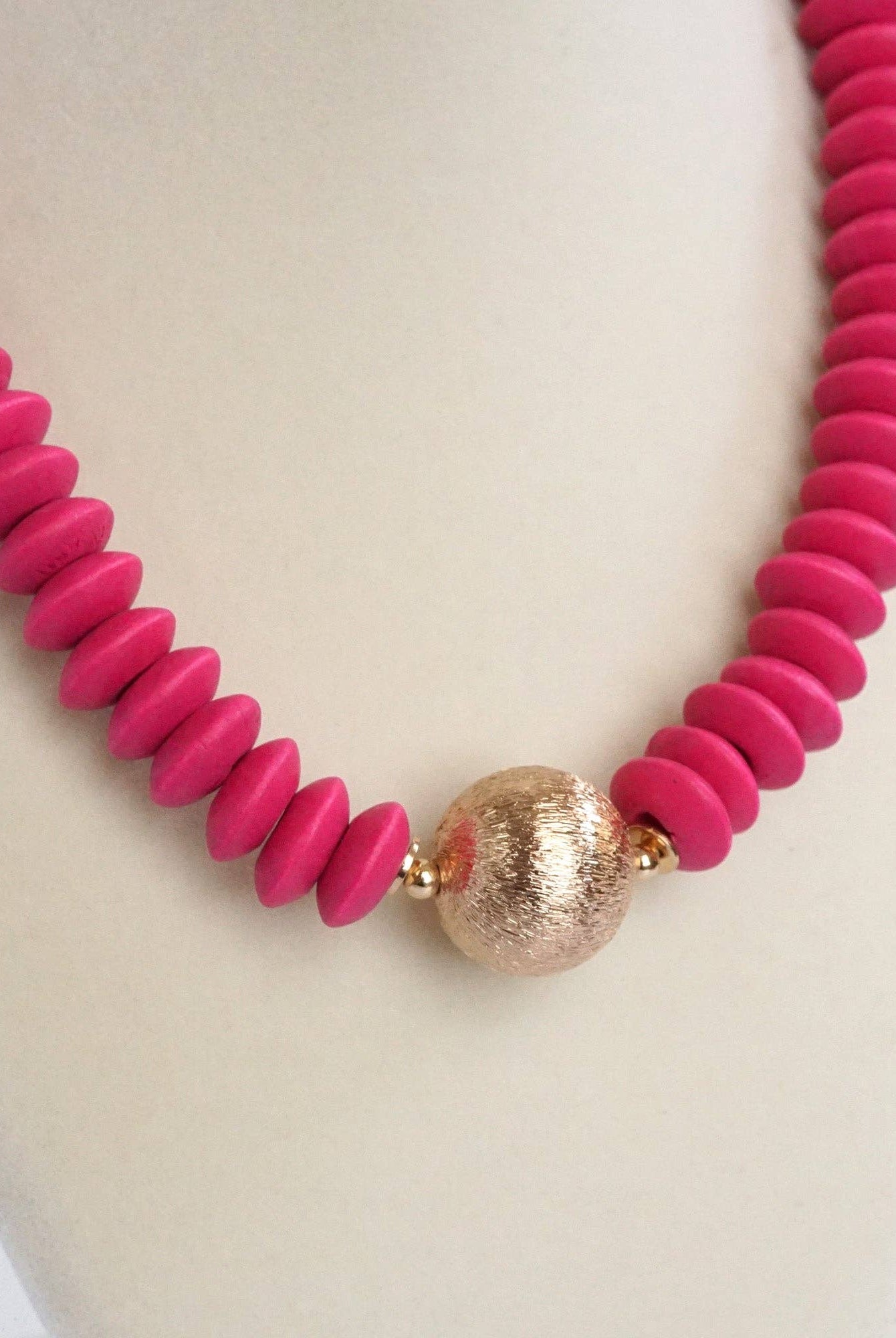 Wood Saucer Beads Short Statement Necklace Gold center Hot Pink Beige Turquoise-Necklaces-PennyLine inc-Stuffology - Where Vintage Meets Modern, A Boutique for Real Women in Crosbyton, TX