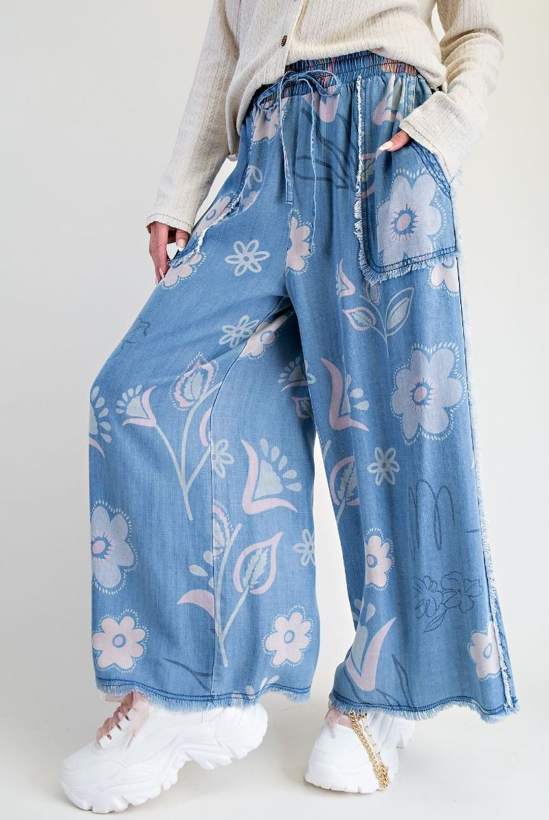 FLORAL PRINT WASHED CHAMBRAY PANTS-Pants-EASEL-Stuffology - Where Vintage Meets Modern, A Boutique for Real Women in Crosbyton, TX