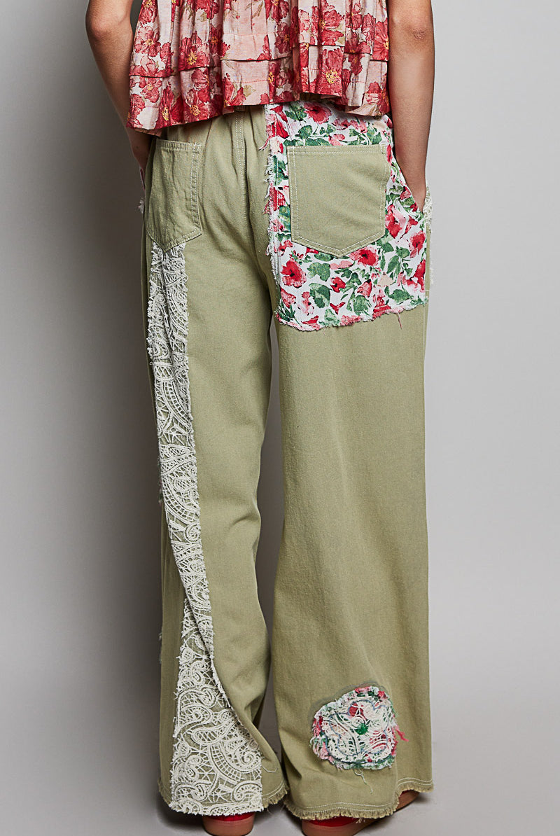 Drawstring Floral Patch Denim Pants Deep Sage-Pants-POL Clothing-Stuffology - Where Vintage Meets Modern, A Boutique for Real Women in Crosbyton, TX